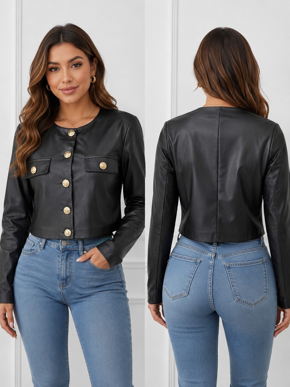 Gold-Button Cropped Faux Leather Jacket - Black